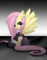 Size: 1500x1900 | Tagged: safe, artist:geraritydevillefort, imported from derpibooru, fluttershy, pegasus, pony, fake it 'til you make it, black sclera, clothes, ear piercing, female, fluttergoth, goth, mare, piercing, sitting, solo