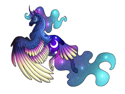 Size: 1024x768 | Tagged: safe, artist:loryska, imported from derpibooru, princess luna, pony, colored wings, curved horn, female, flying, horn, mare, multicolored wings, rainbow power, simple background, solo, tail feathers, transparent background, wings