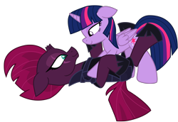 Size: 12775x8803 | Tagged: safe, artist:ejlightning007arts, imported from derpibooru, tempest shadow, twilight sparkle, alicorn, pony, armor, broken horn, eye scar, female, horn, lesbian, looking at each other, lying down, pinned, scar, shipping, simple background, tempestlight, transparent background, twilight sparkle (alicorn), vector