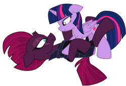 Size: 12775x8803 | Tagged: safe, alternate version, artist:ejlightning007arts, imported from derpibooru, tempest shadow, twilight sparkle, alicorn, pony, armor, broken horn, eye scar, female, horn, lesbian, looking at each other, lying down, pinned, scar, shipping, simple background, tempestlight, transparent background, twilight sparkle (alicorn), vector