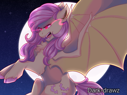 Size: 861x644 | Tagged: safe, artist:dark--drawz, artist:dreamcatcher-doodles, imported from derpibooru, fluttershy, bat pony, pony, bat ponified, cloven hooves, female, flutterbat, full moon, mare, moon, race swap, rearing, solo, sombra eyes, stars, unshorn fetlocks