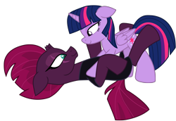 Size: 12775x8803 | Tagged: safe, alternate version, artist:ejlightning007arts, edit, imported from derpibooru, tempest shadow, twilight sparkle, alicorn, pony, broken horn, clothes, eye scar, female, horn, jumpsuit, lesbian, looking at each other, lying down, pinned, scar, shipping, simple background, tempestlight, transparent background, twilight sparkle (alicorn), vector