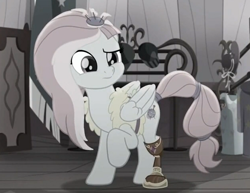 Size: 670x518 | Tagged: safe, imported from derpibooru, screencap, kerfuffle, pegasus, pony, rainbow roadtrip, amputee, female, mare, prosthetic limb, prosthetics, raised hoof, solo