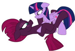 Size: 12775x8803 | Tagged: safe, alternate version, artist:ejlightning007arts, edit, imported from derpibooru, tempest shadow, twilight sparkle, alicorn, pony, broken horn, eye scar, female, horn, lesbian, looking at each other, lying down, pinned, scar, shipping, simple background, tempestlight, transparent background, twilight sparkle (alicorn), vector