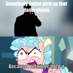 Size: 710x710 | Tagged: safe, edit, edited screencap, imported from derpibooru, screencap, cozy glow, pegasus, pony, school raze, angry, called it, caption, cozy glow is best facemaker, crazy face, crazy glow, faic, female, filly, great moments in animation, hazy background, image macro, insanity, meme, meme origin, phone, pick up that phone, reaction image, silhouette, text, vulgar