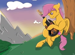 Size: 1584x1152 | Tagged: safe, imported from derpibooru, scootaloo, pegasus, pony, bass guitar, chest fluff, cutie mark, ear fluff, female, guitar, musical instrument, scootabass, sitting, solo, the cmc's cutie marks