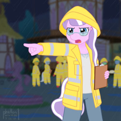 Size: 1000x1000 | Tagged: safe, artist:phallen1, imported from derpibooru, diamond tiara, anthro, earth pony, atg 2019, background pony, clipboard, glasses, leadership, mayor, newbie artist training grounds, night, older, pointing, ponyville, raincoat, storm