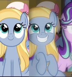 Size: 683x726 | Tagged: safe, edit, edited screencap, imported from derpibooru, screencap, fuchsia frost, goldy wings, starlight glimmer, earth pony, pegasus, pony, unicorn, a horse shoe-in, background pony, cropped, cute, friendship student, happy, looking up, sitting, smiling, solo focus, wingless