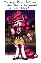 Size: 1623x2500 | Tagged: safe, artist:king-kakapo, imported from derpibooru, pinkie pie, earth pony, pony, bipedal, clothes, female, garter belt, makeup, smiling, solo, we don't normally wear clothes