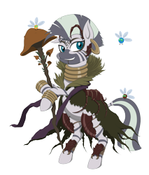 Size: 3000x3514 | Tagged: safe, artist:janji009, imported from derpibooru, part of a set, zecora, parasprite, zebra, armor, crossover, female, golgari, jewelry, magic the gathering, mare, mushroom, neck rings, part of a series, piercing, quadrupedal chest boobs, ravnica, shaman, simple background, solo, staff, transparent background