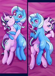 Size: 726x1000 | Tagged: safe, artist:fearingfun, imported from derpibooru, starlight glimmer, trixie, pony, semi-anthro, unicorn, belly button, body pillow, body pillow design, butt, cute, diatrixes, female, glimmerbetes, human shoulders, lesbian, mare, plot, shipping, smiling, startrix