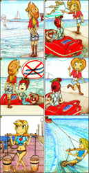 Size: 1192x2316 | Tagged: safe, artist:meiyeezhu, imported from derpibooru, kotobukiya, applejack, double diamond, night glider, torque wrench, human, equestria girls, equestria girls series, rainbow roadtrip, anime, awesome, boat, boots, bucket, chains, clothes, comic, equestria girls-ified, horse collar, humanized, motorboat, ocean, old master q, parody, pier, reference, riding, sailboat, shoes, shorts, skiing, skis, speech bubble, street lamp, stunt, summer, swimsuit, water skiing, wave, yoke