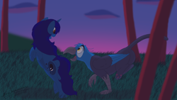 Size: 1632x918 | Tagged: dead source, safe, artist:megaanimationfan, imported from derpibooru, oc, oc only, oc:gerald, oc:midnight, oc:midnight specter, alicorn, griffon, alicorn oc, couple, evening, female, frolic, grass, griffon oc, happy, male, non-pony oc, oc x oc, playing, shipping, signature, tree