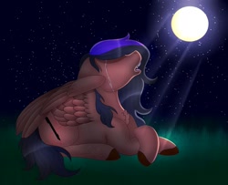 Size: 1024x831 | Tagged: safe, artist:tomboygirl45, imported from derpibooru, oc, oc only, pegasus, pony, crying, female, mare, moon, night, prone, solo