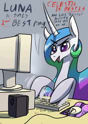 Size: 2480x3508 | Tagged: safe, artist:underpable, imported from derpibooru, princess celestia, twilight sparkle, alicorn, pony, atg 2019, best pony, computer, computer mouse, female, implied princess luna, keyboard, mare, monitor, mousepad, newbie artist training grounds, open mouth, shitposting, smiling, solo, text, trollestia, typing