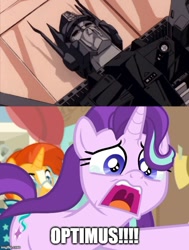 Size: 500x661 | Tagged: safe, edit, edited screencap, imported from derpibooru, screencap, starlight glimmer, sunburst, pony, a horse shoe-in, comparison, death, dramatic, fangirl, optimus prime, phyllis no!, school, teary eyes, the transformers: the movie, transformers, transformers generation 1