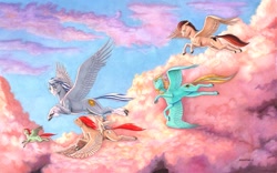 Size: 1727x1078 | Tagged: safe, artist:baron engel, imported from derpibooru, oc, oc only, pegasus, pony, cloud, flying, ponies riding ponies, riding, sunset, traditional art