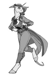 Size: 714x1000 | Tagged: safe, artist:akweer, imported from derpibooru, rarity, anthro, unguligrade anthro, clothes, detective rarity, fedora, female, gun, handgun, hat, holster, looking back, monochrome, noir, pants, revolver, running, shirt, simple background, sketch, solo, trenchcoat, white background