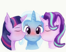 Size: 679x539 | Tagged: safe, artist:samyvillaly, imported from derpibooru, starlight glimmer, trixie, twilight sparkle, pony, unicorn, cheek kiss, female, kiss on the cheek, kiss sandwich, kissing, lesbian, mare, ot3, shipping, startrix, trio, trixie gets all the mares, twixie, twixstar