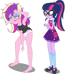 Size: 1391x1578 | Tagged: safe, artist:bluse, artist:sketchmcreations, artist:uponia, edit, editor:slayerbvc, imported from derpibooru, princess cadance, sci-twi, twilight sparkle, human, equestria girls, armpits, background removed, barefoot, breasts, clothes, dean cadance, duo, eyeshadow, feet, female, hangover, makeup, messy hair, off shoulder, panties, show accurate, sisters-in-law, tanktop, tired, underwear, white underwear