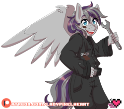 Size: 3400x2989 | Tagged: safe, artist:ladypixelheart, imported from derpibooru, oc, oc only, oc:velocity, anthro, pegasus, clothes, offspring shipping, oversized clothes, parent:oc:steelo, parent:twilight velvet, parents:canon x oc, patreon, patreon logo, smiling, solo, spread wings, wings, wrench