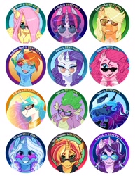 Size: 1600x2071 | Tagged: safe, artist:earthsong9405, imported from derpibooru, applejack, fluttershy, pinkie pie, princess celestia, princess luna, rainbow dash, rarity, spike, starlight glimmer, sunset shimmer, trixie, twilight sparkle, dragon, pony, alternate hairstyle, best pony, blaze (coat marking), bust, button, colored claws, curved horn, ethereal mane, female, hair over one eye, horn, lidded eyes, male, mane seven, mane six, mare, one eye closed, portrait, royal sisters, scar, short mane, star (coat marking), straw in mouth, sunglasses, winged spike