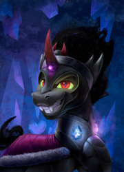 Size: 2500x3469 | Tagged: safe, artist:tsitra360, imported from derpibooru, king sombra, princess cadance, princess flurry heart, shining armor, alicorn, pony, unicorn, bad end, bust, captured, crystal, glowing eyes, high res, horn, horn ring, lineart, micro, portrait, trapped