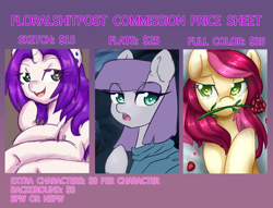 Size: 3800x2900 | Tagged: safe, artist:floralshitpost, imported from derpibooru, maud pie, roseluck, oc, oc:kyoponi, earth pony, pony, unicorn, advertisement, commission, commission info, female, flower in mouth, heart eyes, rose, rose in mouth, wingding eyes