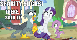 Size: 610x318 | Tagged: safe, deleted from derpibooru, edit, edited screencap, imported from derpibooru, screencap, gabby, rarity, spike, dragon, dragon dropped, background pony strikes again, female, male, op is a duck, op is trying to start shit, shipping, shipping denied, spabby, straight, text, winged spike