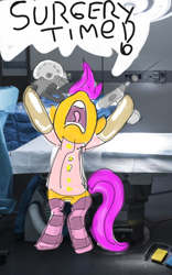 Size: 800x1280 | Tagged: safe, artist:drunken bubblez, imported from derpibooru, scootaloo, pony, clothes, female, filly, funny, hospital, socks, solo, striped socks, surgery, this will end in death, this will end in tears, this will end in tears and/or death