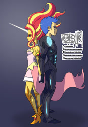 Size: 1207x1749 | Tagged: safe, artist:oldskullkid, imported from derpibooru, flash sentry, sunset shimmer, equestria girls, armor, back to back, commission, dark samus, daydream shimmer, fanfic art, female, flashimmer, hand, holding hands, male, metroid, metroid prime, phazon, shipping, straight