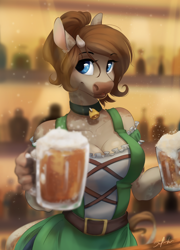 Size: 1800x2500 | Tagged: safe, artist:silentwulv, imported from derpibooru, oc, oc only, oc:mocha latte, anthro, cow, alcohol, anthro oc, beer, bell, bell collar, big breasts, breasts, cleavage, clothes, cloud, collar, dirndl, dress, drink, female, solo