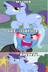 Size: 355x527 | Tagged: safe, edit, edited screencap, imported from derpibooru, screencap, november rain, trixie, magic duel, student counsel, alicorn amulet, angry, cape, caption, clothes, comic, emperor palpatine, friendship student, image macro, meme, robot chicken, screencap comic, text, trixie yells at everything, vulgar