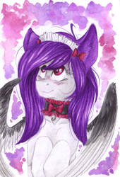 Size: 1691x2483 | Tagged: safe, artist:scootiegp, imported from derpibooru, oc, oc:cinnamon twist, pegasus, pony, bowtie, collar, female, mare, traditional art, watercolor painting