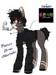 Size: 811x1092 | Tagged: safe, artist:hellishprogrammer, artist:maximkoshe4ka, imported from derpibooru, oc, oc only, oc:max, earth pony, pony, bandaid, bandaid on nose, black sclera, blank flank, cigarette, clothes, colored sclera, cyrillic, ear piercing, earring, headband, heart, hoodie, jewelry, male, markings, piercing, ponified, ponysona, russian, shirt, simple background, smoke, smoking, solo, stallion, t-shirt, tattoo, white background