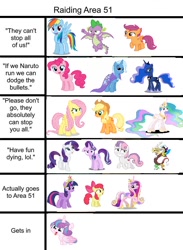 Size: 704x960 | Tagged: safe, imported from derpibooru, apple bloom, applejack, discord, fluttershy, pinkie pie, princess cadance, princess celestia, princess flurry heart, princess luna, rainbow dash, rarity, scootaloo, spike, starlight glimmer, sweetie belle, trixie, twilight sparkle, alicorn, dragon, area 51, big crown thingy, jewelry, meme, regalia, twilight sparkle (alicorn), winged spike, wings