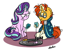 Size: 1968x1551 | Tagged: safe, artist:bobthedalek, imported from derpibooru, starlight glimmer, sunburst, pony, unicorn, atg 2019, car, glowing horn, horn, magic, newbie artist training grounds, racing, slot cars, telekinesis, toy