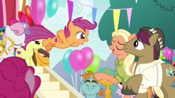 Size: 1920x1080 | Tagged: safe, imported from derpibooru, screencap, apple bloom, mane allgood, pinkie pie, scootaloo, skeedaddle, snails, snap shutter, snips, sweetie belle, tender taps, tulip swirl, earth pony, pegasus, pony, unicorn, the last crusade, balloon, clothes, colt, cutie mark, cutie mark crusaders, faic, falling with style, female, filly, foal, hat, male, mare, mid-blink screencap, scootaloo's parents, shirt, stallion, the cmc's cutie marks