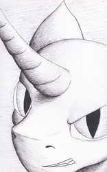 Size: 1537x2468 | Tagged: safe, artist:tunrae, imported from derpibooru, oc, oc only, pony, black and white, fangs, fineliner, grayscale, monochrome, simple background, slit eyes, slit pupils, solo, traditional art