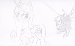 Size: 2429x1500 | Tagged: safe, artist:tunrae, imported from derpibooru, princess cadance, alicorn, pony, broken door, corridor, darkness, hoof shoes, impending doom, lineart, monochrome, monster, raised hoof, sketch, traditional art