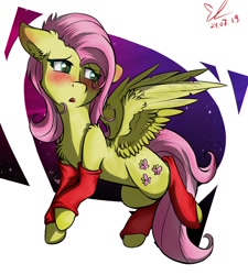 Size: 900x1000 | Tagged: safe, artist:yuris, imported from derpibooru, fluttershy, pegasus, pony, blushing, clothes, confusion, female, floppy ears, socks, solo