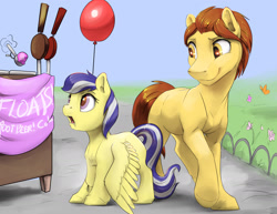Size: 1650x1275 | Tagged: safe, artist:silfoe, imported from derpibooru, oc, oc only, oc:cinnamon, oc:fireball, earth pony, pegasus, pony, balloon, commission, drool, father and daughter, female, food, ice cream, male