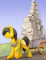 Size: 1275x1650 | Tagged: safe, artist:silfoe, imported from derpibooru, oc, oc only, oc:trail cutter, pony, unicorn, amazon.com, cart, commission, harness, male, smiling, solo, stallion, tack, unshorn fetlocks