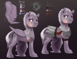 Size: 3300x2550 | Tagged: safe, artist:silfoe, imported from derpibooru, oc, oc only, pegasus, pony, amputee, armor, commission, eye scar, gradient background, reference sheet, scar