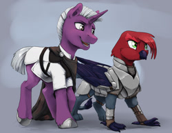 Size: 1320x1020 | Tagged: safe, artist:silfoe, color edit, edit, imported from derpibooru, oc, oc only, oc:lyndis, oc:star charter, griffon, pony, unicorn, armor, colored, commission, duo, female, griffon oc, hoof shoes, male, puffy cheeks, stallion