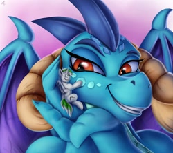 Size: 1280x1138 | Tagged: safe, artist:vittorionobile, imported from derpibooru, princess ember, oc, alicorn, bat pony, dragon, pony, bat pony oc, female, hug, kensei, macro, micro, size difference, wings