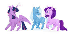 Size: 2836x1416 | Tagged: safe, artist:natashafenik, imported from derpibooru, starlight glimmer, trixie, twilight sparkle, alicorn, pony, unicorn, looking at each other, trio, twilight sparkle (alicorn)