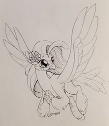 Size: 1280x1470 | Tagged: safe, artist:creeate97, imported from derpibooru, princess skystar, hippogriff, my little pony: the movie, female, flower, flower in hair, flying, grayscale, ink drawing, monochrome, simple background, solo, traditional art, white background