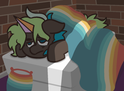 Size: 950x700 | Tagged: safe, artist:threetwotwo32232, imported from derpibooru, oc, oc:bright side, earth pony, pony, bed, female, mare