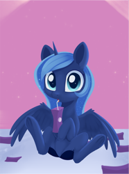 Size: 1175x1577 | Tagged: safe, artist:dusthiel, imported from derpibooru, princess luna, alicorn, pony, atg 2019, drinking, female, juice, juice box, looking at you, newbie artist training grounds, sitting, solo